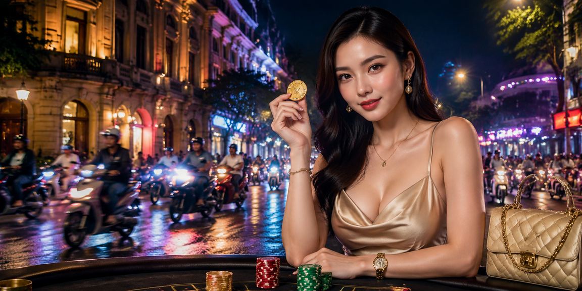 Màn hình baccarat neon lung linh về đêm tại Hà Nội trên thiết bị di động