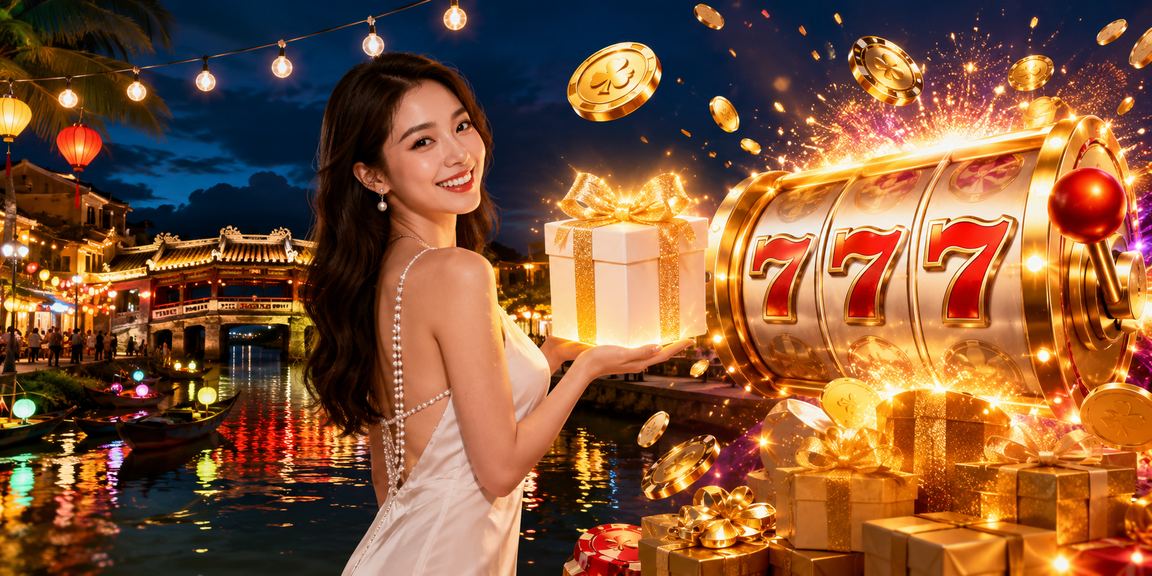 Không gian chợ đêm Hội An lung linh đèn lồng gợi cảm giác hứng khởi khi chơi slot game trực tuyến