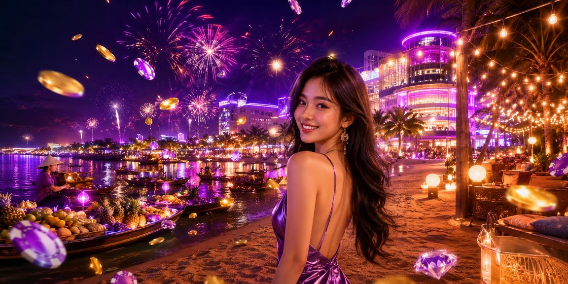 Ánh đèn neon rực rỡ tại khu vực casino bên dòng Mekong, không khí đêm sôi động của miền Nam Vietnam