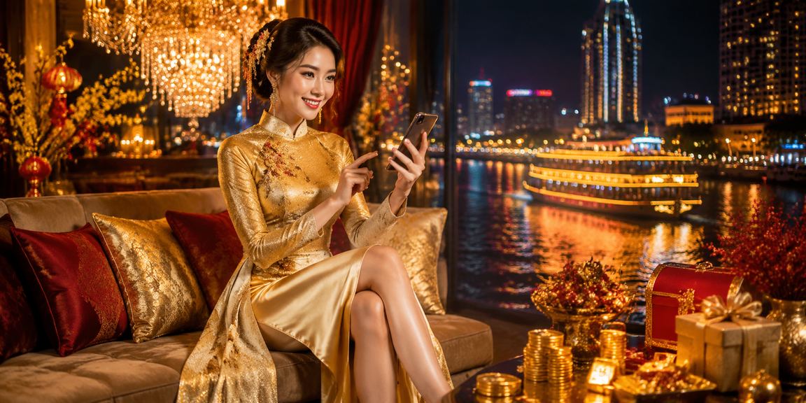 Phụ nữ mặc áo dài tại vùng sông Mekong sử dụng điện thoại để theo dõi thể thao và đặt cược trực tuyến